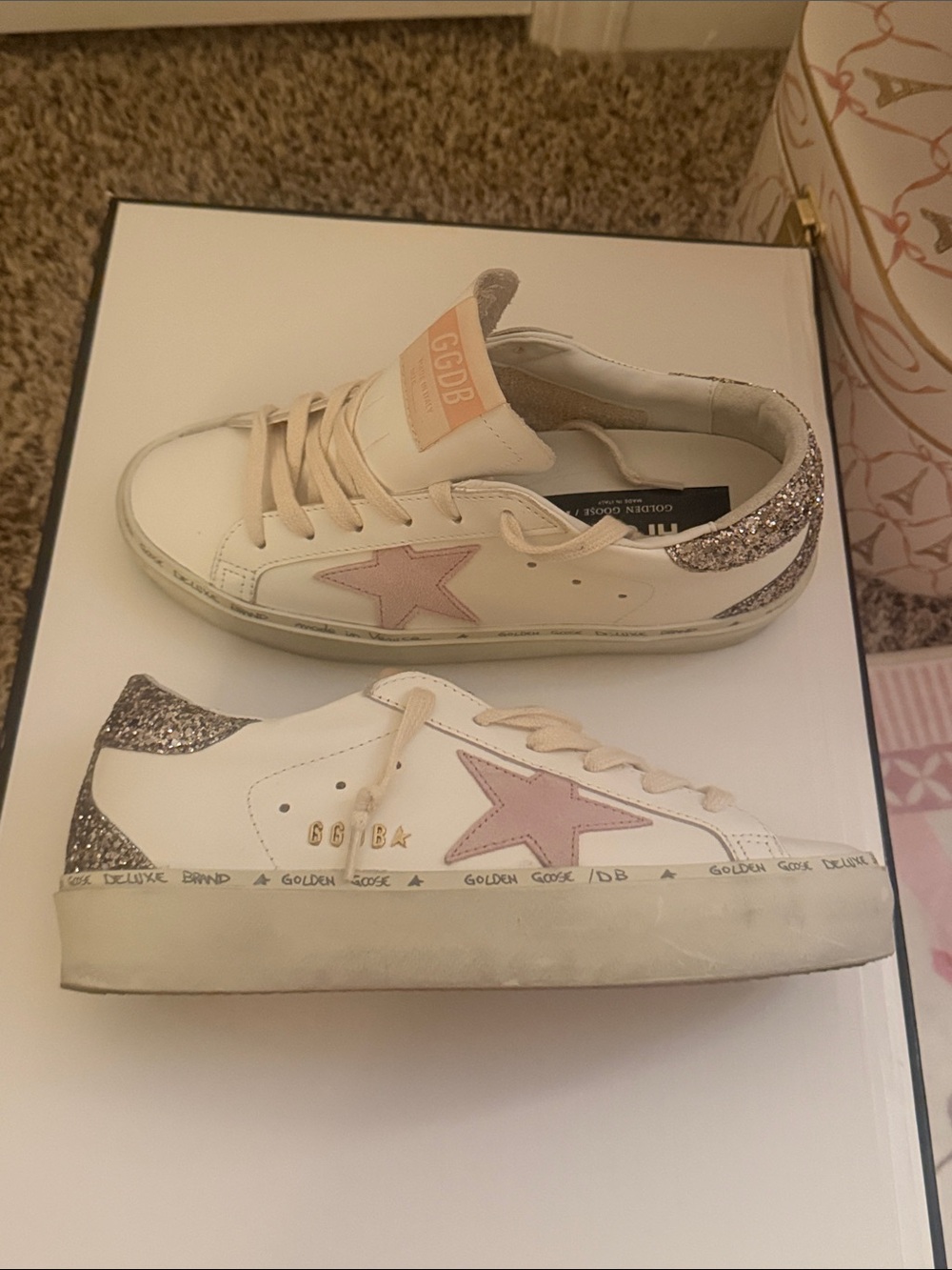 Golden Goose White Leather Sneakers with Pink Star & Silver Glitter Heel